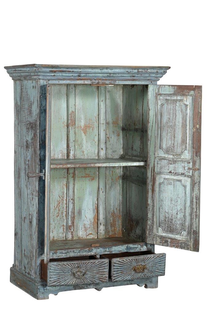 Antique Indian Painted Teakwood Small Armoire, c. 1880-1900,51Hx36x18 - Image 4