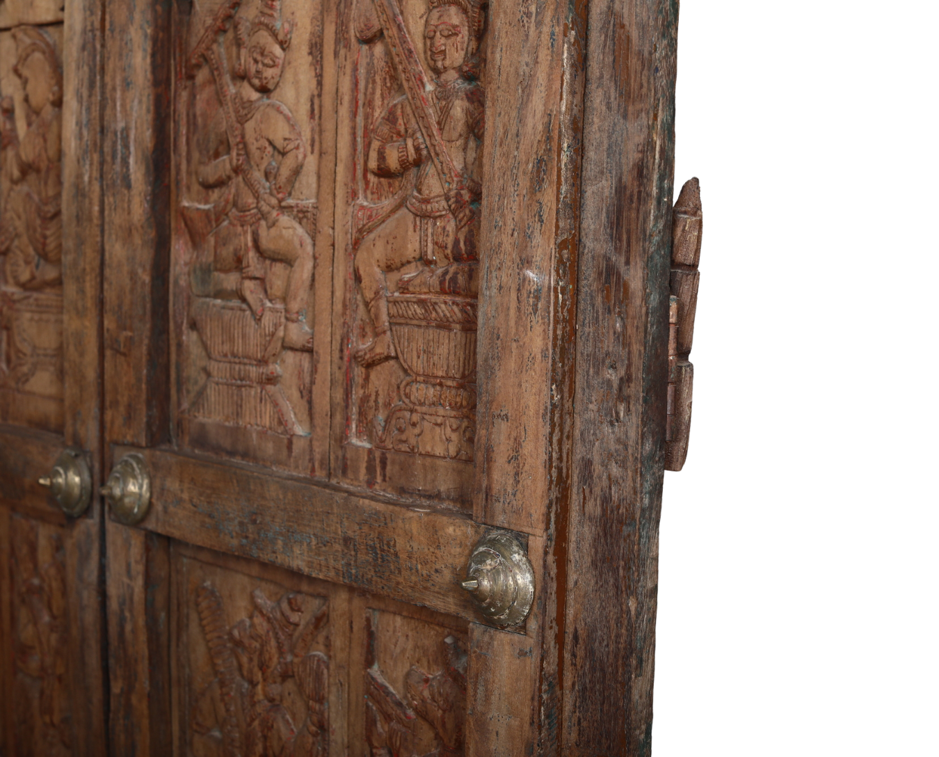 Antique Indian Carved Teakwood and Brass "Folk Art" Door, c. 1880, 40.x1.5x69H - Image 4