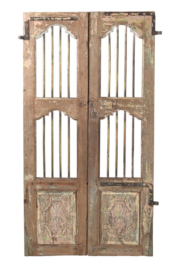 Antique Indian Painted Teakwood Door, 73x39x2 - Image 4