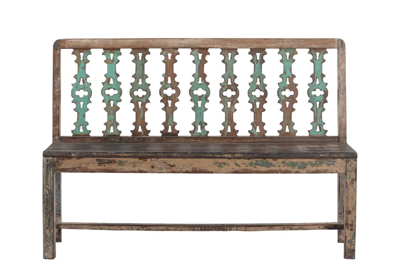 Vintage Indian Painted Teakwood Bench, 36Hx52x15 - Image 3
