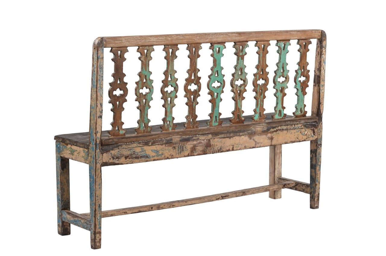 Vintage Indian Painted Teakwood Bench, 36Hx52x15 - Image 4