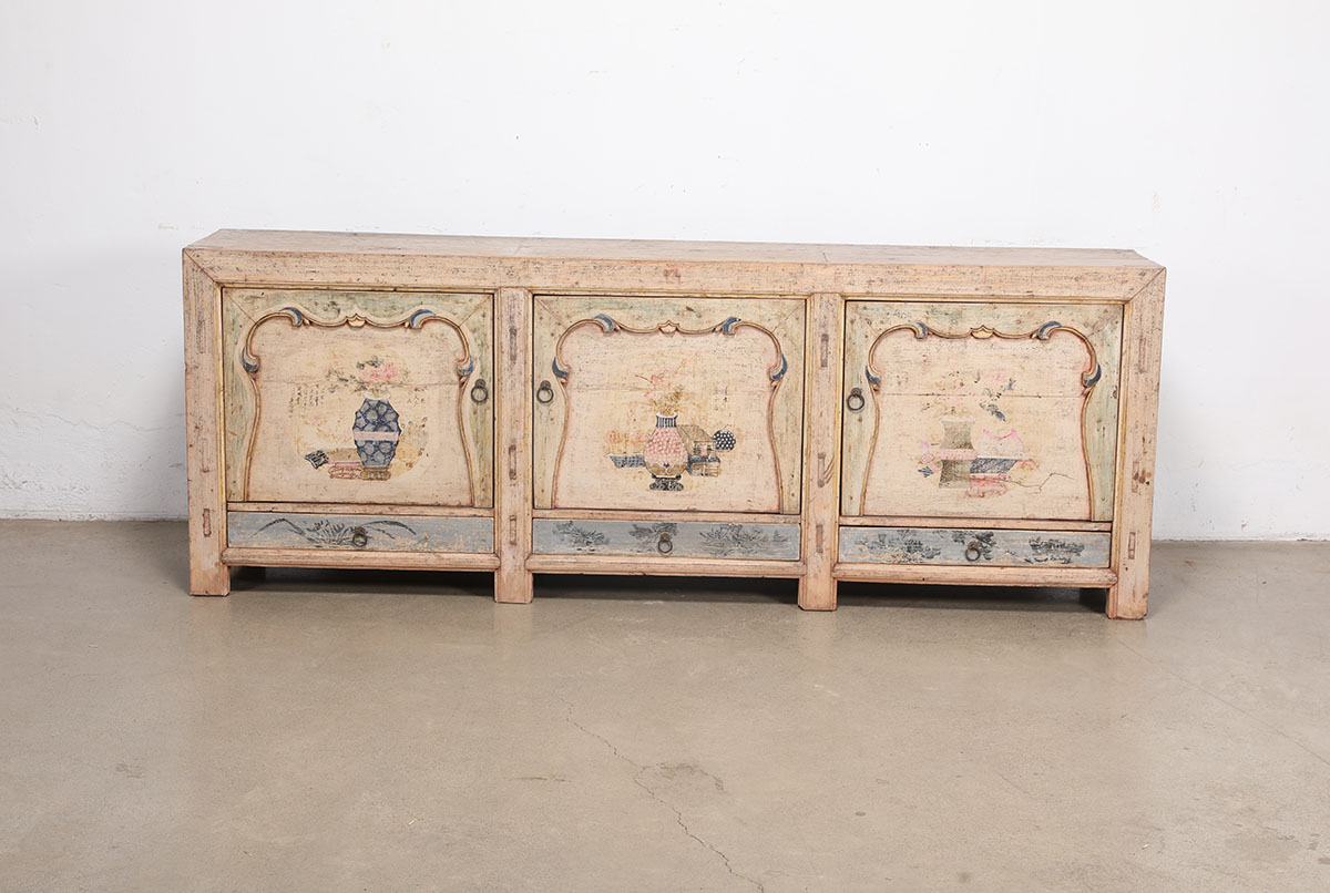 Antique Chinese Painted Pine Cabinet, 92.5x18x34H - Image 4